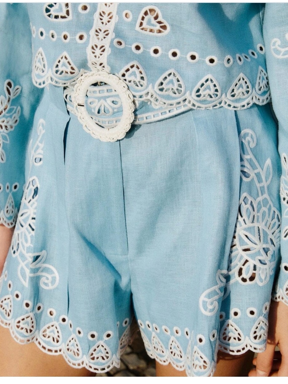NWT FARM Rio Sky Blue Embroidered Linen-Blend Shorts with Belt - Picture 2 of 4
